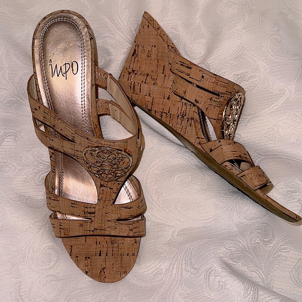 impo Vintage (Real Cork Upper) wedge sandals, with gold emblem, size 6 1/2 M